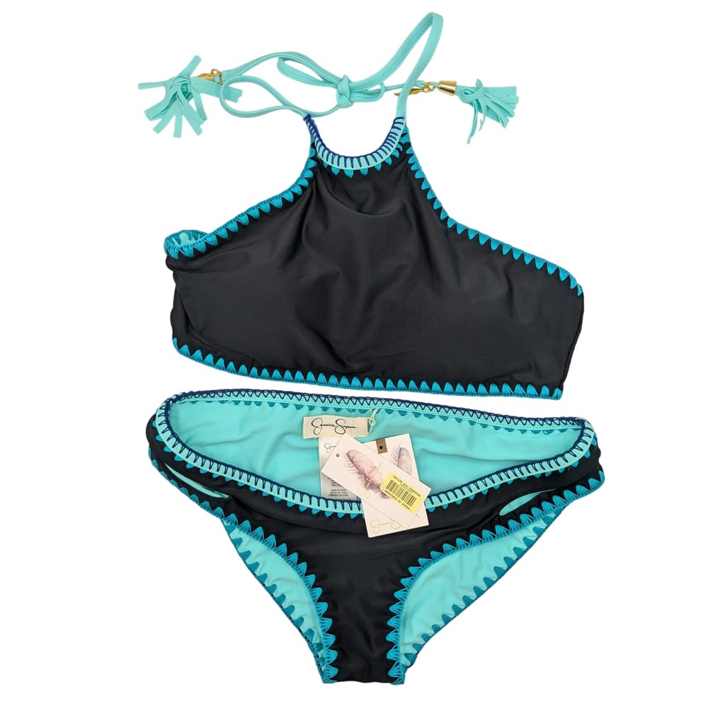 Jessica Simpson Reversible Bikini Set Black Teal Whipstitch High Neck Small NEW